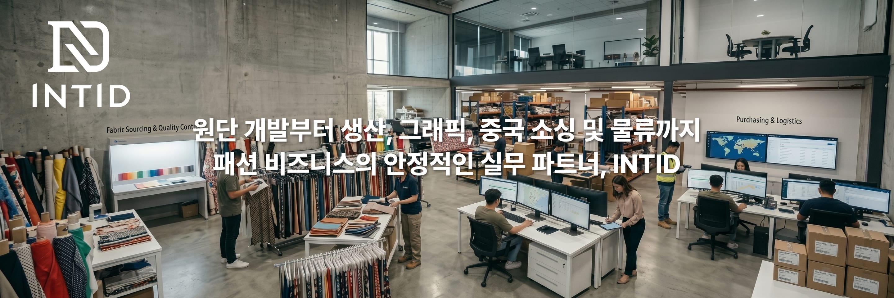 원단 개발부터 생산, 그래픽, 중국 소싱 및 물류까지 패션 비즈니스의 안정적인 실무 파트너 INTID 그룹 안내 배너